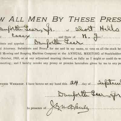 Geer: Danforth Geer, Jr. Stockholder Proxy Certificate, 1921