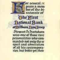 Hartshorn: First National Bank Resolution Honoring Stewart Henry Hartshorn, 1930