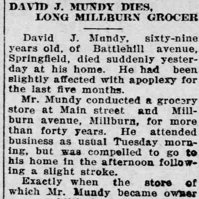 Obituary of David Mundy, Courier News, February 1, 1924.