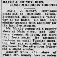          Obituary of David Mundy, Courier News, February 1, 1924.
   