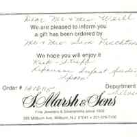 S. Marsh & Sons: Gift Card from Fruchtmans to Weill Family, 1987