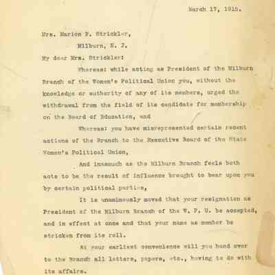 Millburn Women's Political Union: Marion Strickler Resignation, 1915
