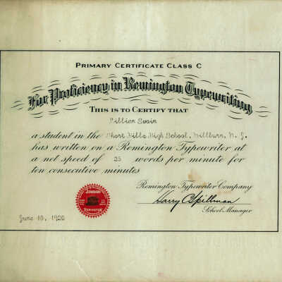 Swain: Lilian Swain Typing Certificate, 1920