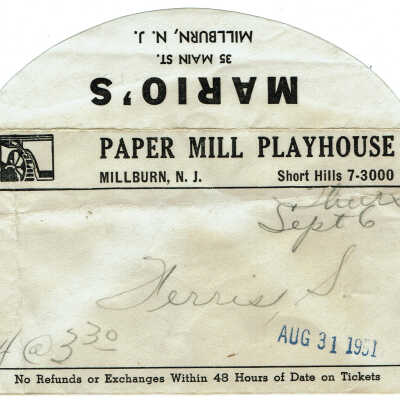 Paper Mill Playhouse Ticket Envelope with Mario's Advertisement, 1951