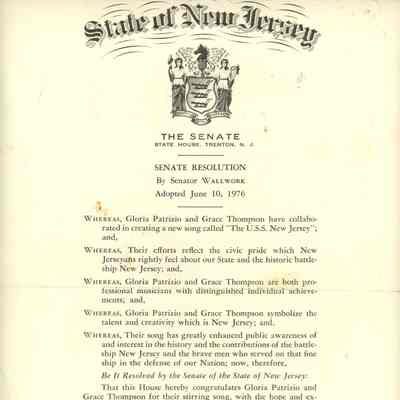 Thompson: State Resolution Congratulating Patrizio & Thompson's U.S.S. New Jersey Song, 1976