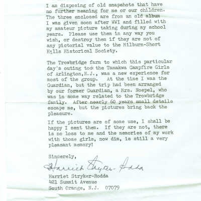 Stryker-Rodda: Harriet Stryker-Rodda Letter regarding Trowbridge Farm information