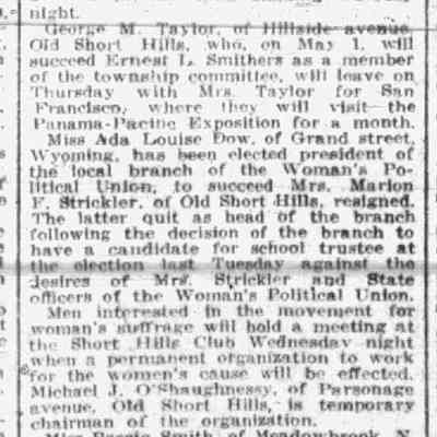 Appointment of Ada Louise Dow as President of the Millburn Branch of the Women's Political Union, Newark Sunday Call, March 21, 1915.