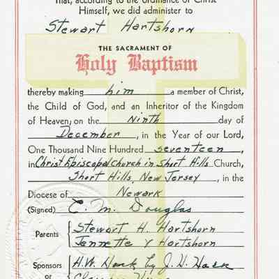 Hartshorn: Stewart Henry Hartshorn, Jr. Certificate of Baptism, 1917