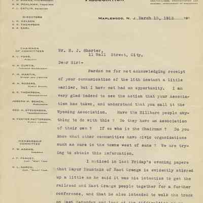 Wyoming Civic Association: Letter Exchange Regarding Contacting Associations Along the Railroad Line, 1915