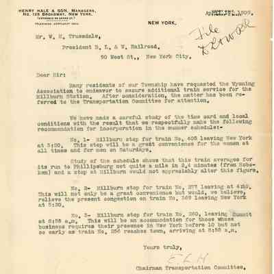 Wyoming Civic Association: Letter to D.L.& W. About Additional Train Services, 1909
