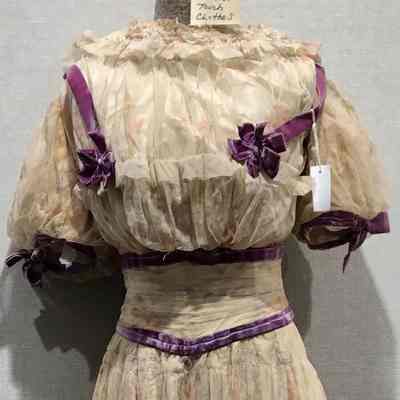 Dress: White Netting Ball Gown with Lilac Velvet Ribbon Trim