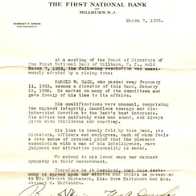 Hack: Harold Hack Testimonial from First National Bank, 1933