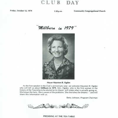 Ogden: Maureen Ogden Speaker at Woman's Club of Millburn Notice, 1979