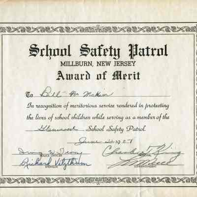 Glenwood School Safety Patrol Certificates for William McKim, 1951-2