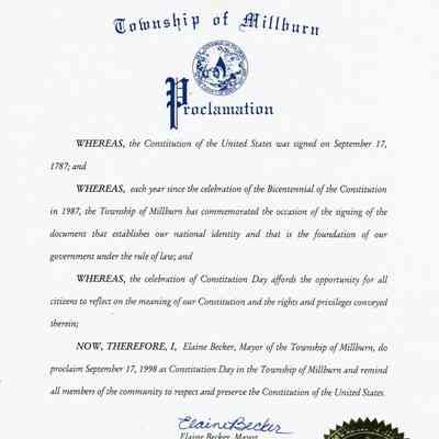 Constitution Bicentennial: Millburn Township Proclamation of Constitution Day, 1998