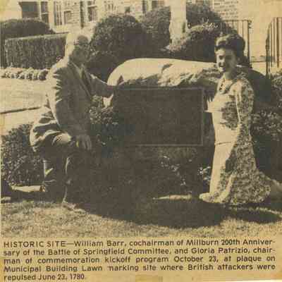 Battle of Springfield: William Barr and Gloria Patrizio at Plaque where British Attackers were repulsed, 1980
