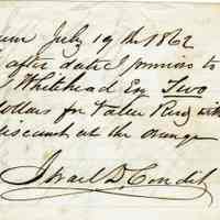          Promissory Note July 19, 1862 from Israel D. Condit to John Whitehead, Esq. (front)
   