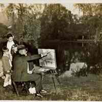 Millburn Art Center 1945 Scrapbook: Jorgen Jorgensen painting in Taylor Park at Village Arts Festival, 1945