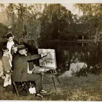 Millburn Art Center 1945 Scrapbook: Jorgen Jorgensen painting in Taylor Park at Village Arts Festival, 1945