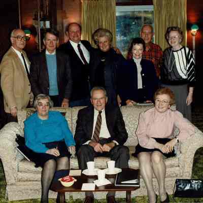 Back Row: Dwight Longley, John Tiger, Carl Dinger, Mrs. Dinger, Ruth Southwick, Bruce Winner, Betty Faddis Culiffe, Front Row: Bea Pacio Hoffman, Bill Struning, Angela Cusano DiGiovanni.: Reunion Planning Committee