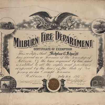 Schmidt: Nicholas Schmidt Millburn Fire Department Certificate of Exemption, 1917