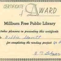 Millburn Library: Certificates of Reading Awards for Debby Slavitt, c. 1954