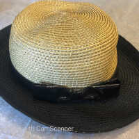 Hat: Ladies Straw Hat with Patent Leather Bow and Black Rim