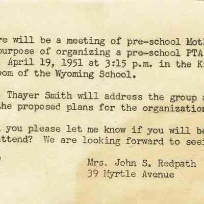 Preschool: Organizational Meeting for Wyoming Preschool PTA, 1951