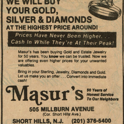 Masur's Jewelry, Short Hills Advertisement, May 1980