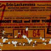 Railroad: Erie-Lackawanna Monthly Ticket Between Short Hills and New York, 1964