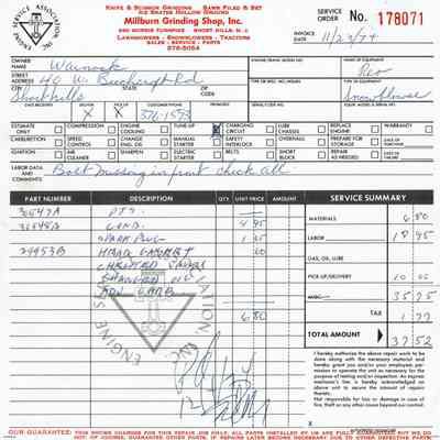 Millburn Grinding Shop: Receipt to Malcolm Warnock, 1974