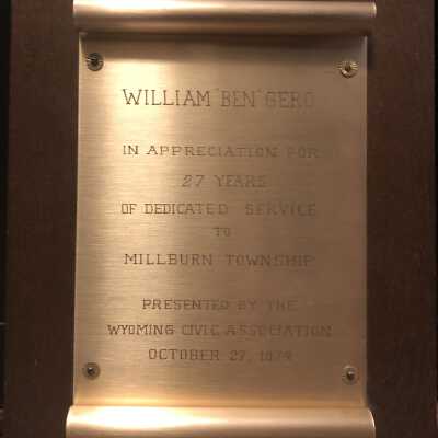 William Ben Gero Appreciation Plaque from Wyoming Civic Association: October 27, 1974