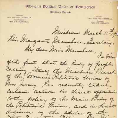 Millburn Women's Political Union: Marion Strickler Resignation, 1915