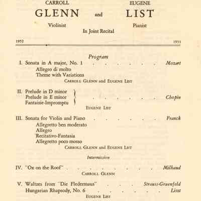 Community Concert Association: List and Glen Concert Program and Articles, 1952