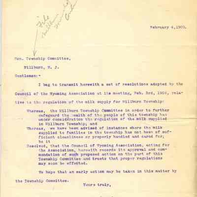 Wyoming Civic Association: Regulation of Milk Supply Letter, 1909