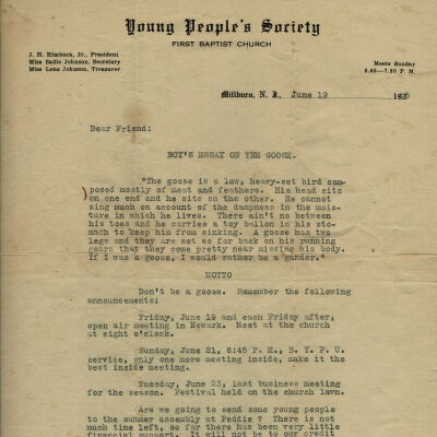Rimback: Young People's Society First Baptist Church letter, 1926