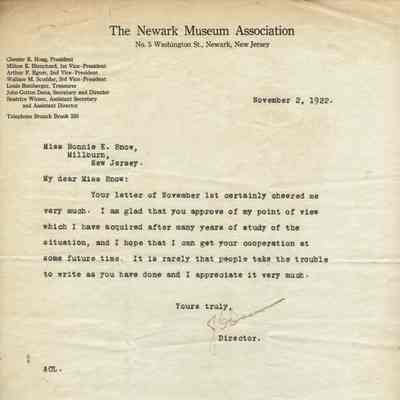 Snow: John Cotton Dana Letter to Bonnie Snow, 1922