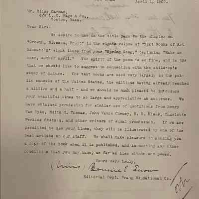 Snow: Letter from Bonnie Snow to Bliss Carman, 1907
