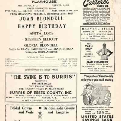 Paper Mill Playhouse Program: Happy Birthday, 1955