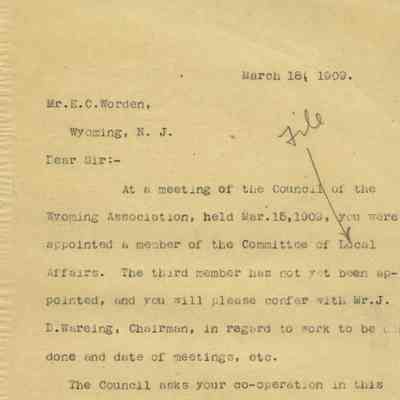 Wyoming Civic Association: E.C. Worden Committee Appointment, 1909
