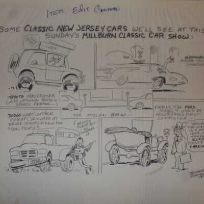 Harry Trumbore: Millburn Classic Car Show Cartoon for the Item of Millburn-Short Hills, 1991