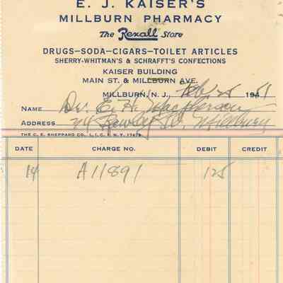 Kaiser's Millburn Pharmacy: Receipt, 1951