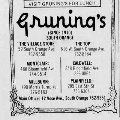 Note: There is a typo in the address. Gruning's was located at 780 Morris Turnpike.