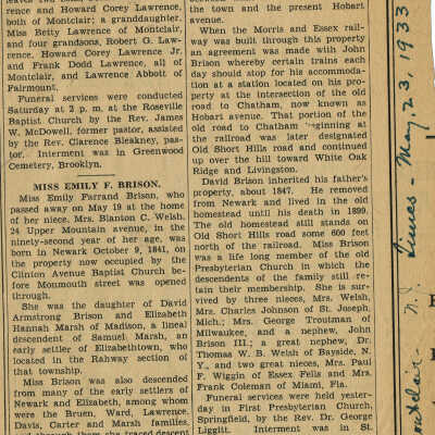 Brison: Emily Brison Obituary, Montclair Times, 1933