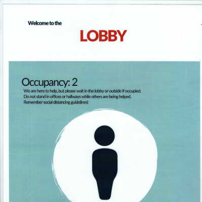 Millburn Town Hall Covid 19 Room Occupancy Regulations: 8 1/2 x 11" Laminated Sign