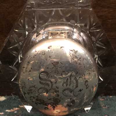 Stewart Hartshorn Cut Glass Inkwell with Monogrammed Sterling Top