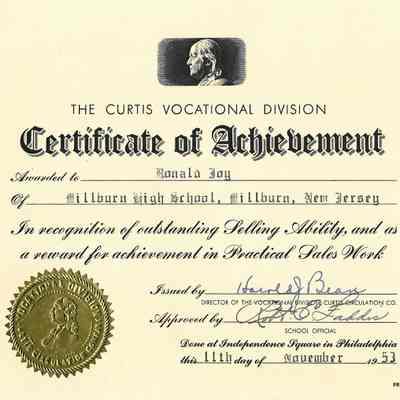 Millburn High School: Curtis Vocational Division Certificate of Achievement for Ronald Joy, 1953