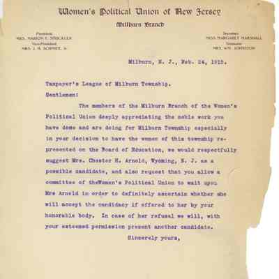 Millburn Women's Political Union: Female Candidate for Board of Education Endorsement, 1915