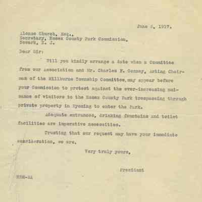 Wyoming Civic Association: Letter to Essex County Park Commission Regarding Access to Park, 1917