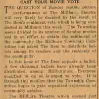 Millburn Theatre: Movies on Sunday Vote, 1928